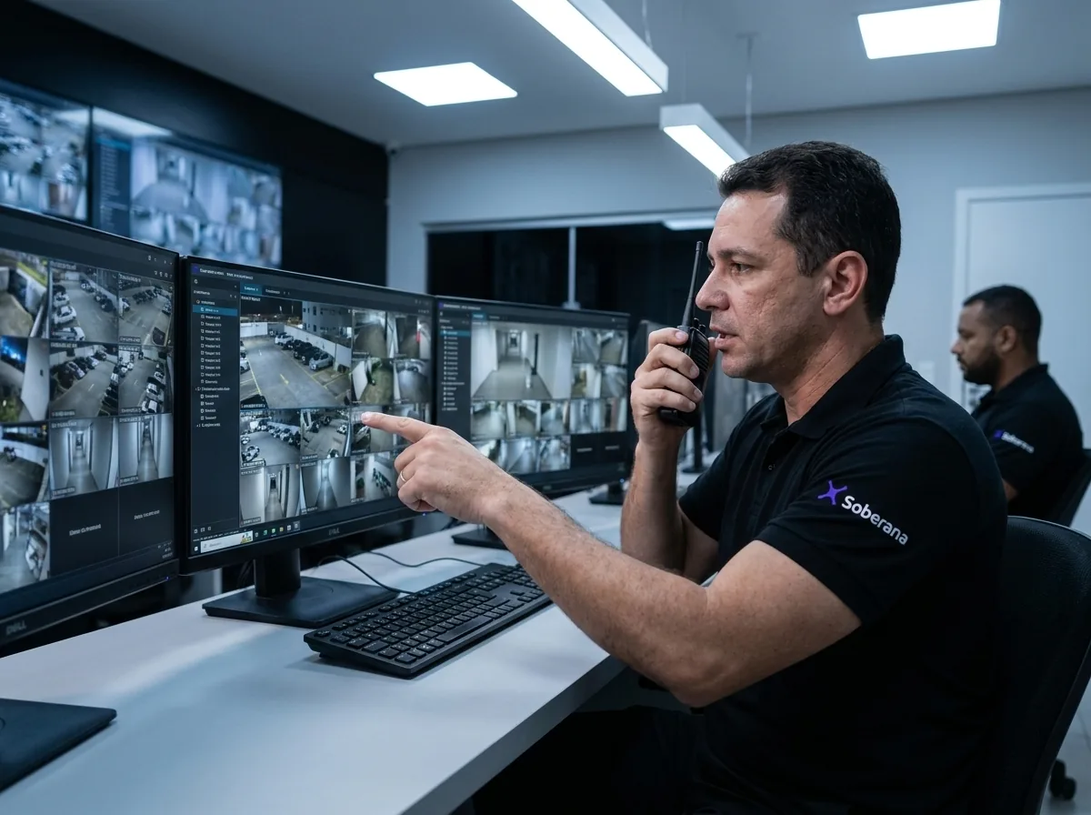 Operador acompanhando câmeras e registros de acesso, com headset e a logo da Soberana no uniforme preto.